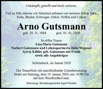 Traueranzeige von Arno Gutsmann  von Magdeburger Volksstimme