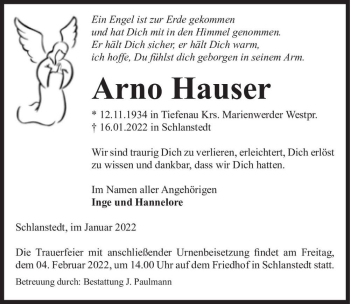 Traueranzeige von Arno Hauser  von Magdeburger Volksstimme
