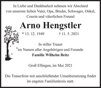 Traueranzeige von Arno Hengstler  von Magdeburger Volksstimme