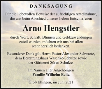 Traueranzeige von Arno Hengstler  von Magdeburger Volksstimme