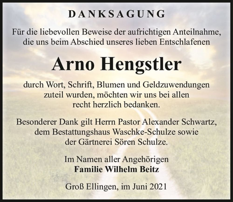  Traueranzeige für Arno Hengstler  vom 19.06.2021 aus Magdeburger Volksstimme