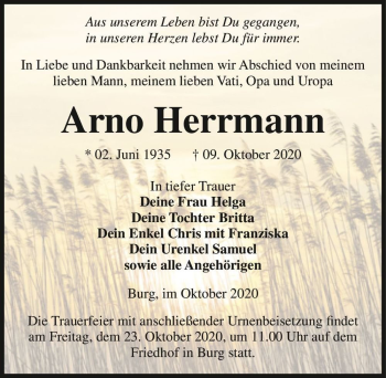 Traueranzeige von Arno Herrmann  von Magdeburger Volksstimme