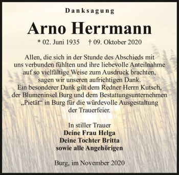 Traueranzeige von Arno Herrmann  von Magdeburger Volksstimme
