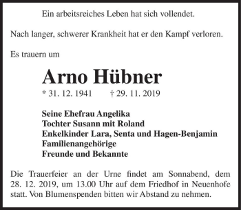 Traueranzeige von Arno Hübner  von Magdeburger Volksstimme