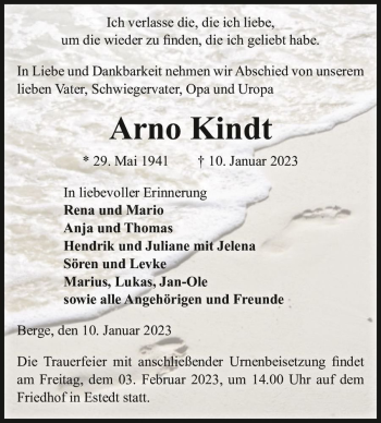 Traueranzeige von Arno Kindt  von Magdeburger Volksstimme