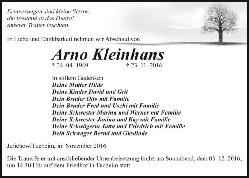  Traueranzeige für Arno Kleinhans  vom 26.11.2016 aus Magdeburger Volksstimme