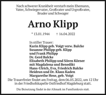 Traueranzeige von Arno Klipp  von Magdeburger Volksstimme