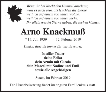 Traueranzeige von Arno Knackmuß  von Magdeburger Volksstimme
