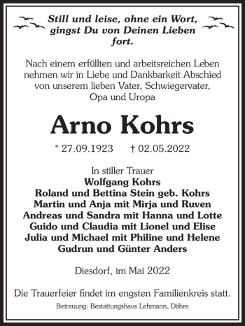 Traueranzeige von Arno Kohrs  von Magdeburger Volksstimme