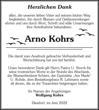 Traueranzeige von Arno Kohrs  von Magdeburger Volksstimme