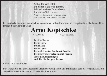 Traueranzeige von Arno Kopischke  von Magdeburger Volksstimme