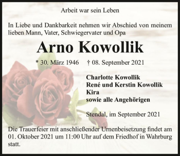 Traueranzeige von Arno Kowollik  von Magdeburger Volksstimme