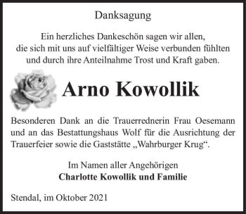 Traueranzeige von Arno Kowollik  von Magdeburger Volksstimme