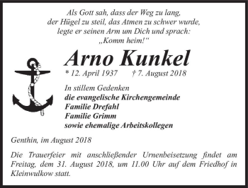 Traueranzeige von Arno Kunkel  von Magdeburger Volksstimme