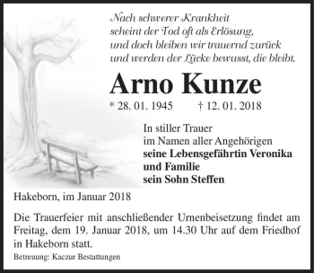 Traueranzeige von Arno Kunze  von Magdeburger Volksstimme