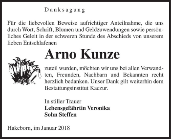 Traueranzeige von Arno Kunze  von Magdeburger Volksstimme