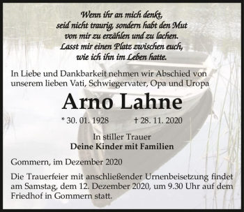 Traueranzeige von Arno Lahne  von Magdeburger Volksstimme