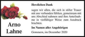 Traueranzeige von Arno Lahne  von Magdeburger Volksstimme