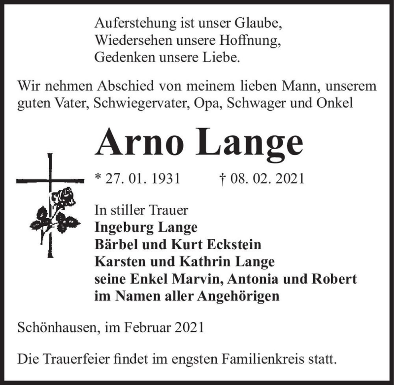  Traueranzeige für Arno Lange  vom 18.02.2021 aus Magdeburger Volksstimme