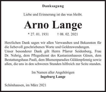 Traueranzeige von Arno Lange  von Magdeburger Volksstimme