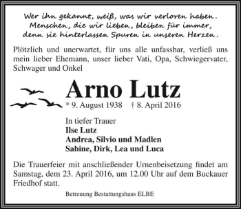 Traueranzeige von Arno Lutz  von Magdeburger Volksstimme