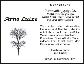 Traueranzeige von Arno Lutze  von Magdeburger Volksstimme