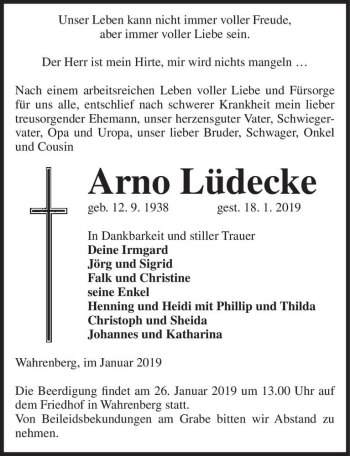 Traueranzeige von Arno Lüdecke  von Magdeburger Volksstimme