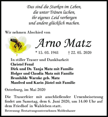 Traueranzeige von Arno Matz  von Magdeburger Volksstimme