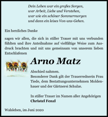 Traueranzeige von Arno Matz  von Magdeburger Volksstimme