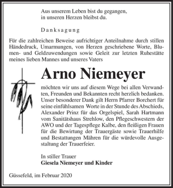 Traueranzeige von Arno Niemeyer  von Magdeburger Volksstimme