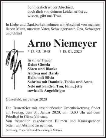 Traueranzeige von Arno Niemeyer  von Magdeburger Volksstimme