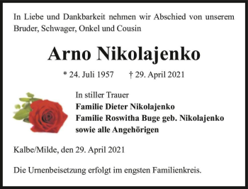 Traueranzeige von Arno Nikolajenko  von Magdeburger Volksstimme