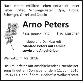 Traueranzeige von Arno Peters  von Magdeburger Volksstimme