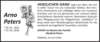 Traueranzeige von Arno Peters  von Magdeburger Volksstimme
