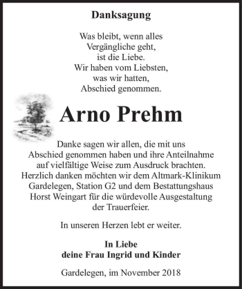 Traueranzeige von Arno Prehm  von Magdeburger Volksstimme