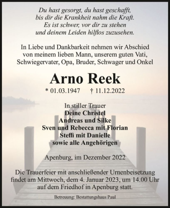Traueranzeige von Arno Reek  von Magdeburger Volksstimme