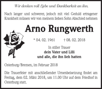 Traueranzeige von Arno Rungwerth  von Magdeburger Volksstimme