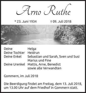 Traueranzeige von Arno Ruthe  von Magdeburger Volksstimme