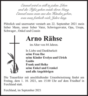 Traueranzeige von Arno Rähse  von Magdeburger Volksstimme