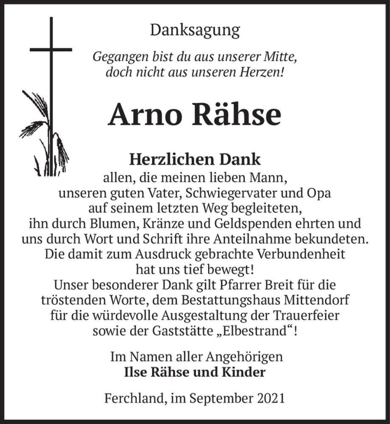  Traueranzeige für Arno Rähse  vom 09.10.2021 aus Magdeburger Volksstimme