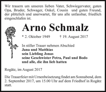 Traueranzeige von Arno Schmalz  von Magdeburger Volksstimme