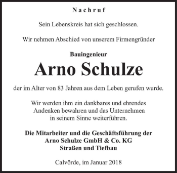 Traueranzeige von Arno Schulze  von Magdeburger Volksstimme