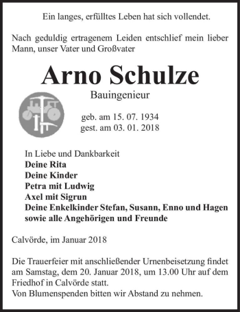 Traueranzeige von Arno Schulze  von Magdeburger Volksstimme