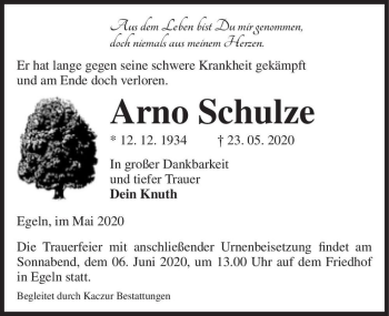 Traueranzeige von Arno Schulze  von Magdeburger Volksstimme
