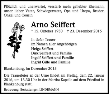 Traueranzeige von Arno Seiffert  von Magdeburger Volksstimme