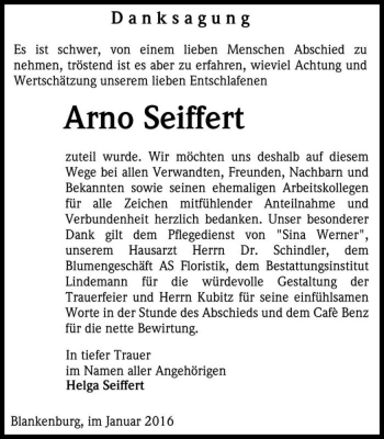 Traueranzeige von Arno Seiffert  von Magdeburger Volksstimme