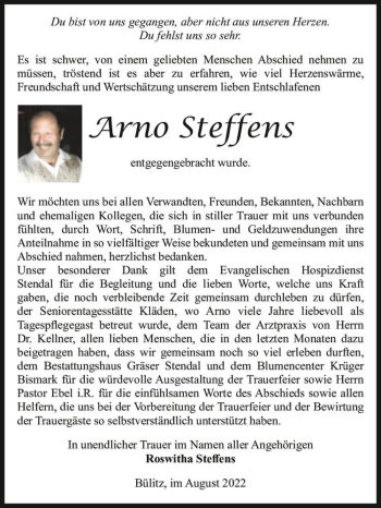 Traueranzeige von Arno Steffens  von Magdeburger Volksstimme