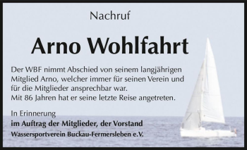 Traueranzeige von Arno Wohlfahrt  von Magdeburger Volksstimme