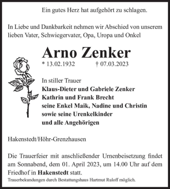 Traueranzeige von Arno Zenker  von Magdeburger Volksstimme