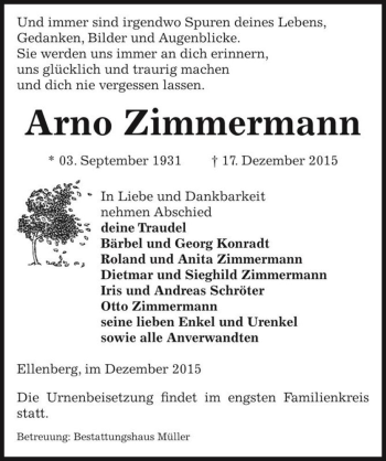 Traueranzeige von Arno Zimmermann  von Magdeburger Volksstimme
